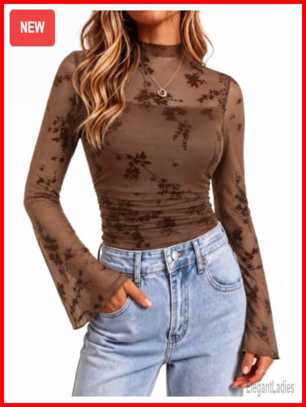 Sheer Floral Mesh Mock Neck Bell Sleeve Blouse Ruched Top